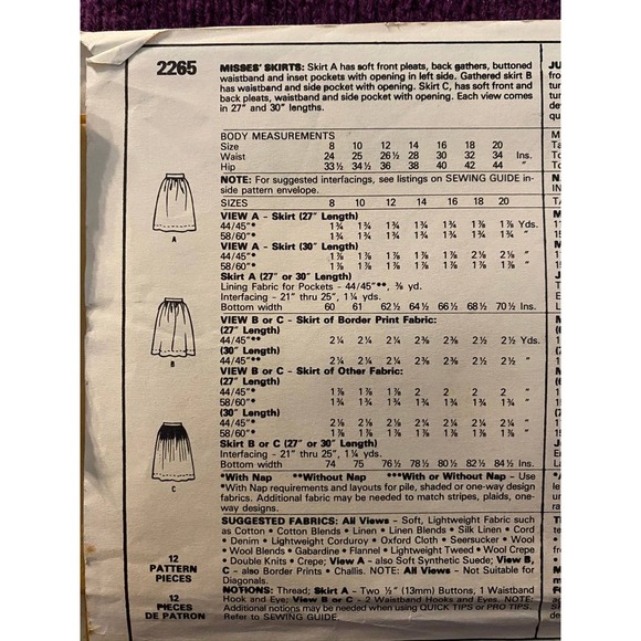 McCalls 2265 skirt sewing pattern sz 10 - Picture 4 of 5